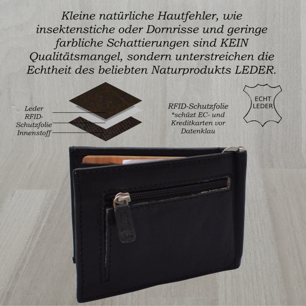 flevado Echt Leder Geldbörse klein schmal mit Dollar Clip Herrengeldbörse Geldscheinklipp mit Maxi Münzfach RFID Schutz schwarz
